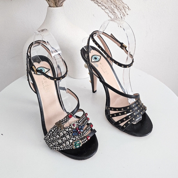 Gucci Wangy Crystal hand strappy high heel leather sandals size 37 - Picture 7 of 16